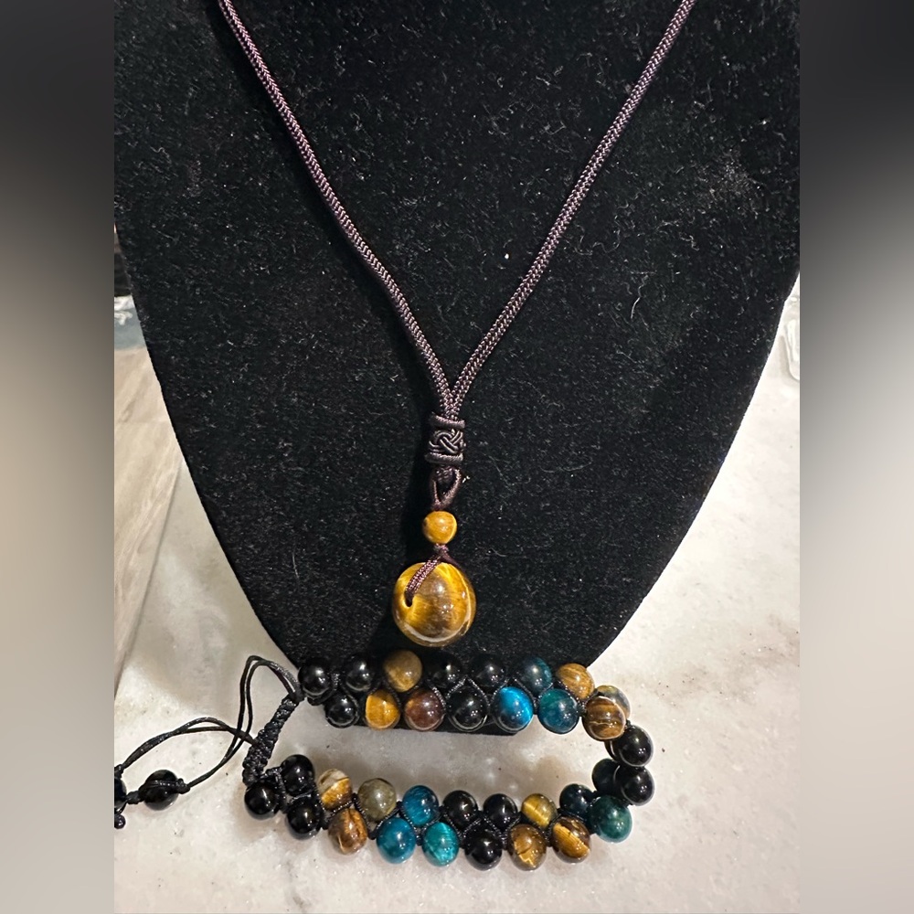🎁 Tiger Eye bracelet Two Rows Gemstone Double Row Cord Bracelet and necklace set